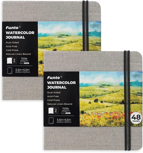 Miniatura 7 de Funto Diario de acuarela, cuadrado, 5.5 x 5.5 pulgadas, portátil, paquete de 2, 48 páginas cada uno, cubierta gris y azul, 110lb/230 gsm