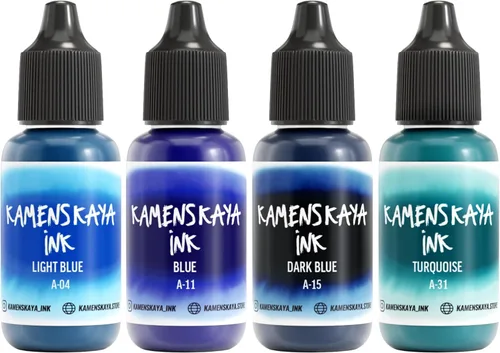 Miniatura 13 de Juego de tinta de alcohol Kamenskaya #10: Combinación de colores combinados de tintas de alcohol, 4 piezas. 0.51 fl oz (15 ml) cada una