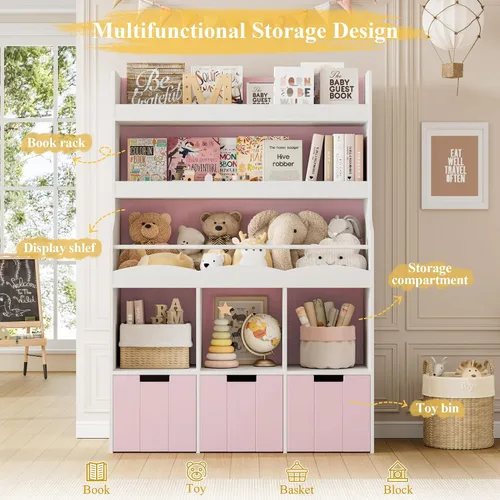 Miniatura 4 de HITHOS Estantería infantil de 55.3 pulgadas de alto con organizador de almacenamiento de juguetes, estante alto para libros con 3 contenedores Rosa