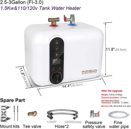 Miniatura 5 de Calentador de agua caliente eléctrico 110/120V pequeño y compacto de 2.5-3.0 galones, para RV, 1440-1500W, para cocina, debajo del fregadero, sobre