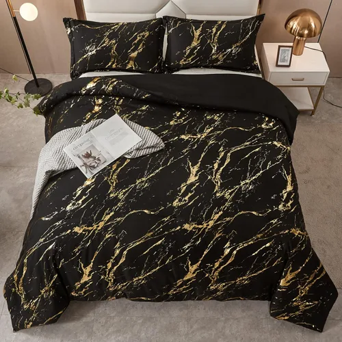Miniatura 3 de WONGS BEDDING Juego de edredón de mármol metálico negro dorado Queen con estampado de lámina brillante y purpurina, juegos de ropa de cama con 2