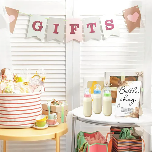 Miniatura 6 de Roowest Bottle Chug Baby Shower Game Favors 12 piezas de botellas de baby shower con 1 letrero de madera para revelación de género, suministros