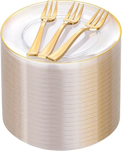 Miniatura 16 de Festiva 200 platos de postre dorados con purpurina de 6.3 pulgadas con tenedores de 5 pulgadas, platos pequeños de plástico para postre, pasteles