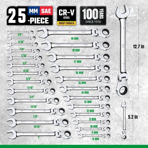 Miniatura 3 de SK Juego de llaves de trinquete con cabeza flexible, juego de llaves combinadas, 25 piezas, SAE 1/4" a 1", métrico 8 a 19mm, 72 dientes