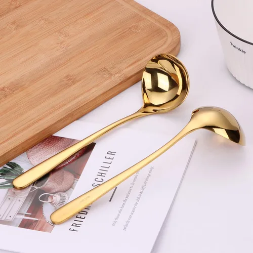 Miniatura 2 de Cucharón dorado de 9.5 pulgadas SUS304 de acero inoxidable para sopa de 2 onzas, cucharón de cocina para salsa de salsa para servir (juego de 2)