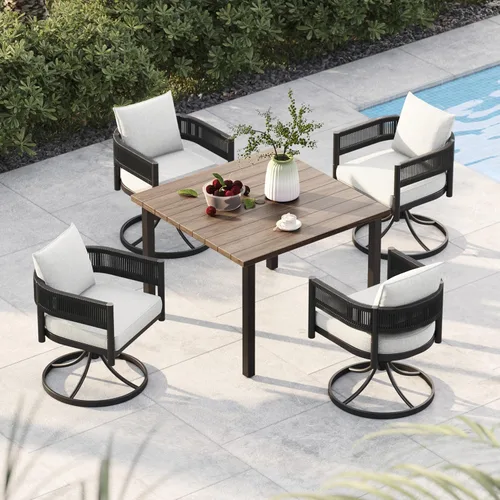Miniatura 24 de Juego de comedor al aire libre Grand Patio de 5 piezas para 4, sillas de patio fijas de mimbre tejido metálico con cojines engrosados y 1 mesa