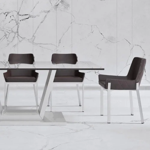 Miniatura 3 de ZURI Sydney Silla de comedor de cuero sintético marrón con patas de acero inoxidable cepillado