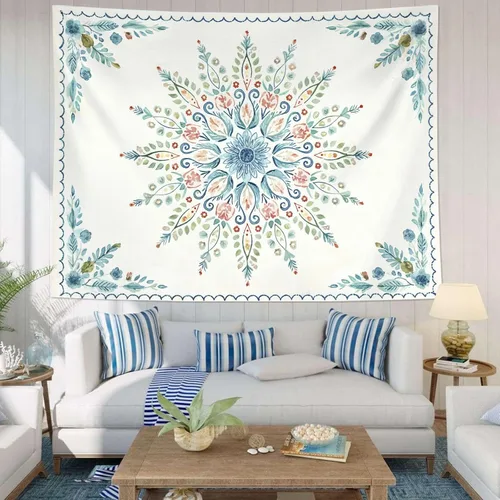 Miniatura 3 de Accnicc Tapiz bohemio con mandala floral para dormitorio, tapiz de pared con flores bohemias, pequeño, acuarela, azul, blanco, hippie, indio