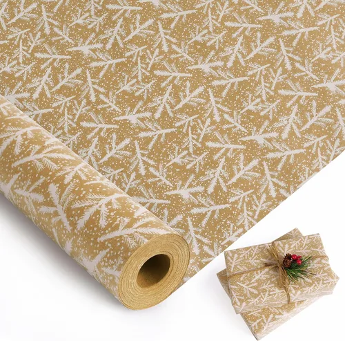 Miniatura 14 de Rollo de papel de regalo de Navidad, rollo de papel kraft vintage, 17 pulgadas x 49 pies, copos de nieve, hojas/bayas de acebo, papel de regalo
