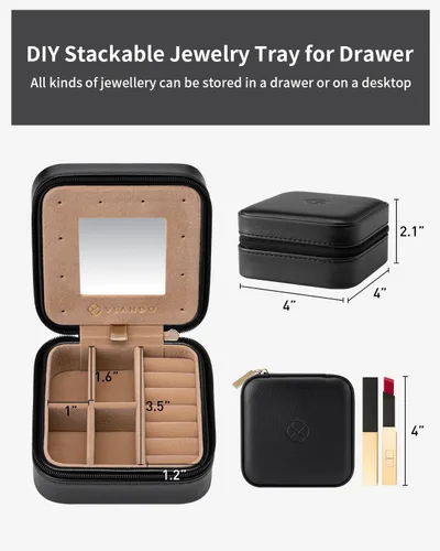 Miniatura 5 de Vlando Joyero de viaje con piel nacarada, pequeño joyero portátil para anillos, aretes, collares, pulseras, dijes, regalo para mujeres, niñas