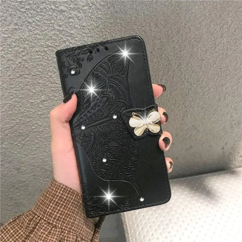 Miniatura 7 de Funda compatible con Samsung Galaxy A13 con purpurina brillante con tarjetero y soporte de cuero con tapa de mariposa de diamante a prueba de Negro