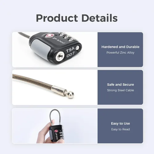 Miniatura 3 de pack all Candados de equipaje de cable aprobados por la TSA, candados de combinación de 3 dígitos, cerradura de viaje para maletas y bolsa, cuerpo