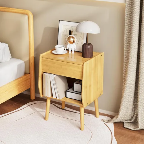 Miniatura 12 de ZIYOO Mesa auxiliar móvil de madera maciza de 3 niveles con ruedas, mesita de noche de madera, organizador de almacenamiento de diseño flotante