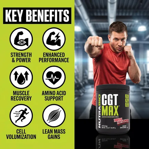 Miniatura 6 de NutraBio Polvo CGT-MAX - Creatina, glutamina y taurina para apoyar la recuperación muscular y la fuerza - 40 porciones - Ponche de frutas