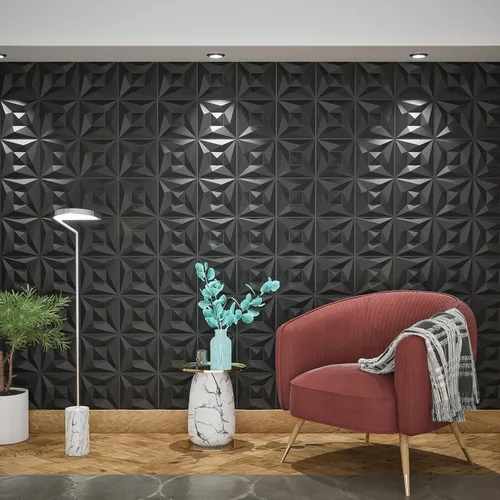 Miniatura 4 de Paneles de pared 3D de PVC negro, paquete de 33 unidades de 11.8 x 11.8 pulgadas, diseño geométrico para decoración moderna del hogar, azulejos