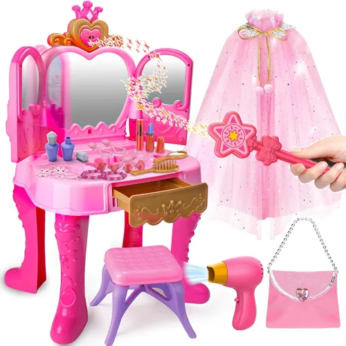 Miniatura 7 de Juego de maquillaje mágico para niños pequeños, mesa y silla, espejo automático con música, color rosa claro, juguetes para niñas de 3, 4, 5 años