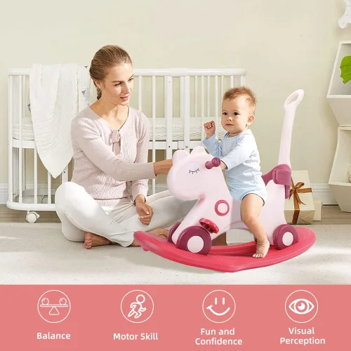 Miniatura 4 de Ancaixin Caballo mecedor 4 en 1 para niños pequeños de 1 a 3 años de edad, juguetes de paseo en bicicleta de equilibrio con asa de empuje, respaldo