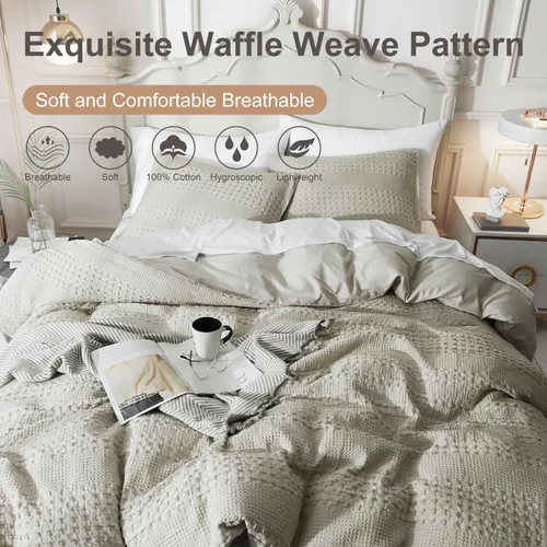 Miniatura 3 de Ivellow Funda de Edredón King Tejido Waffle Juego de Funda de Edredón 100% Algodón Texturizado Caqui King Funda de Edredón Acogedora Suave Avena
