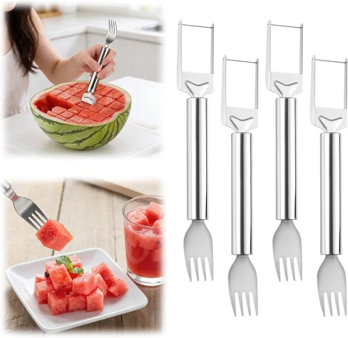 Miniatura 10 de Cortador de frutas de acero inoxidable 2 en 1, herramienta de corte de tenedor de sandía 2026, cuchillo cortador de sandía de doble cabezal