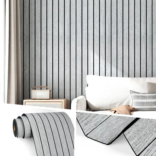 Miniatura 10 de Wallercity Paneles de madera 3D gris/negro para paredes, paneles de pared de listones de madera autoadhesivos para dormitorio, baño, panel de pared