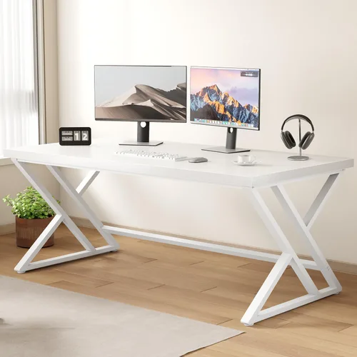 LVB Escritorio Moderno Blanco para Computadora, Escritorio Industrial Largo para Oficina en Casa para Estudiante, Escritorio Grande de Metal y Roble