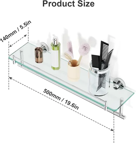 Miniatura 3 de Estante de baño flotante de vidrio templado de 20 pulgadas con toallero, cromado pulido y acero inoxidable, montaje en pared Cromo Pulido