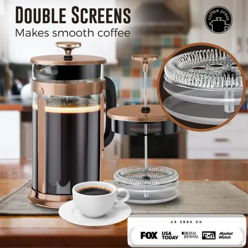 Miniatura 2 de EzDtach - Cafetera de prensa francesa de vidrio de 34 onzas de cobre, olla de vidrio de borosilicato de doble filtro con coffee press de acero