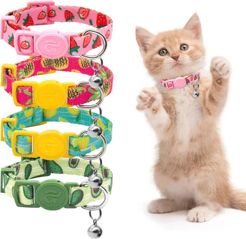 azuza Paquete de 4 Collares para Gatos y Gatitos de Liberación Rápida con Campana, Hebilla Segura Ajustable 2#Fruta
