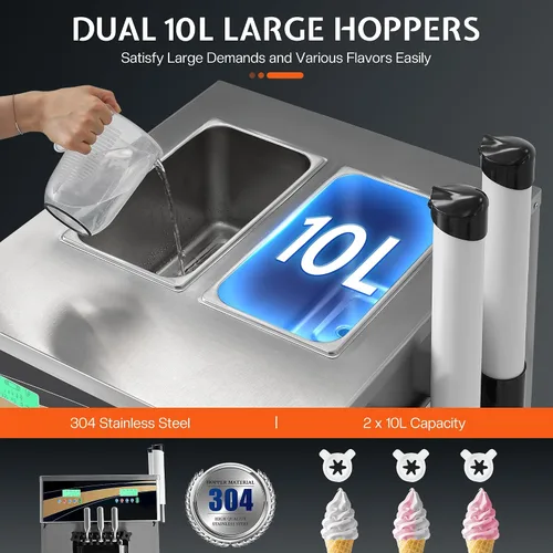 Miniatura 5 de Jocisland Máquina de helado suave comercial de 45L/H, máquina de helado de 3 sabores de 2900 W, compresores duales, cilindro de acero inoxidable