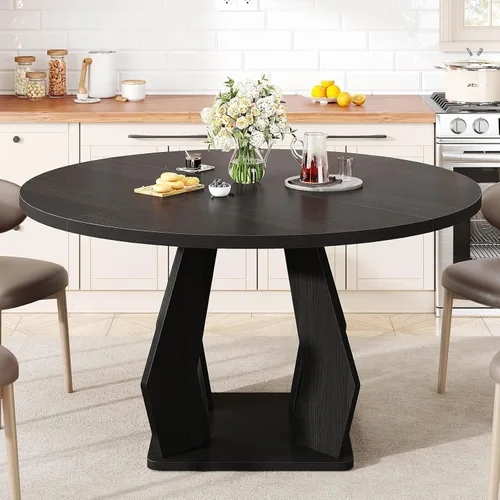 Miniatura 8 de IBF Mesa de comedor redonda negra para 4-6, mesa de cocina de 47 pulgadas con superficie amplia, mesa de comedor circular moderna, mesa de madera
