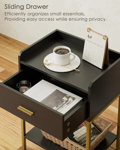 Miniatura 4 de Mesita de noche, mesita de noche moderna de 3 niveles, mesita de noche con cajón de almacenamiento y estante, mesa auxiliar pequeña para dormitorio
