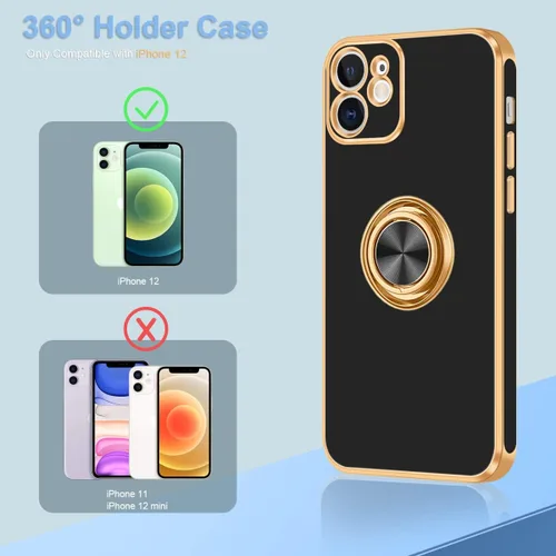 Miniatura 2 de Fingic Funda para iPhone 12 con Soporte de Anillo, [Soporte de Anillo Giratorio de 360° Magnético con Base] [Borde Dorado Brillante con Enchapado]