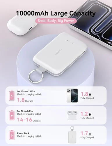 Miniatura 5 de RORRY CharmGo - Cargador portátil, 10000 mAh PD 30 W, cargador portátil de carga rápida con cables integrados, llavero de viaje para iPhone Negro