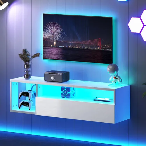 Miniatura 11 de soges Soporte de TV flotante con luces LED, estante de televisión para TV de 43 pulgadas, consola multimedia montada en la pared con ganchos