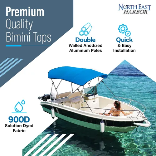 Miniatura 2 de NEH - Bimini Tops de 4 lazos para barcos, postes de apoyo, lona marina 900D a prueba de decoloración, funda de almacenamiento universal para pontón