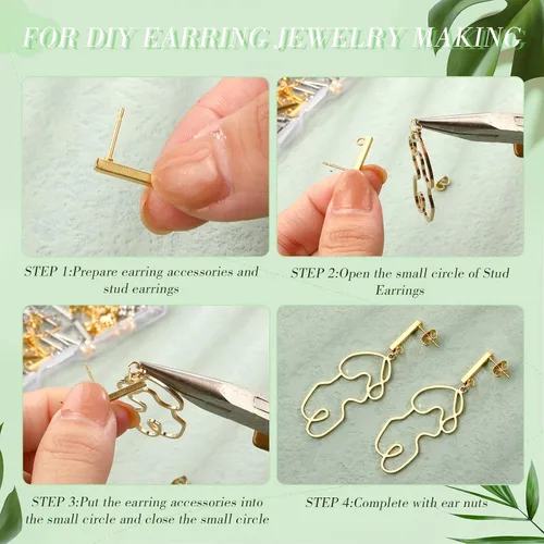 Miniatura 4 de Hinly 80 aretes de acero inoxidable con bucle, 80 piezas de barra de tuerca de oreja, poste perforado para hacer joyas de bricolaje, 2 tamaños Dorado