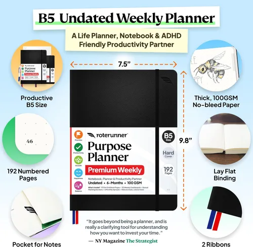 Miniatura 2 de Roterunner Cuaderno Planificador de Propósito B5 19 cm x 25 cm Sin Fechas 2026 Planificador Diario, Semanal y Mensual de Productividad