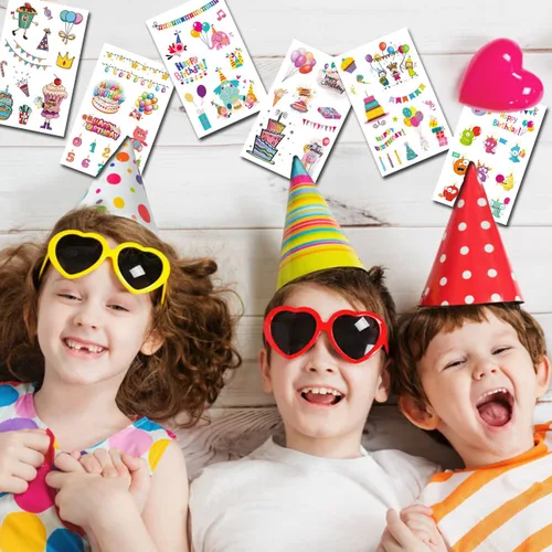 Miniatura 5 de CHARLENT Tatuajes de feliz cumpleaños – 14 hojas de tatuajes temporales para niños, niñas, recuerdos de fiesta y rellenos de bolsas de golosinas