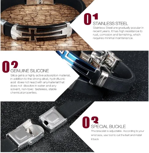 Miniatura 4 de M.JVisun Pulsera cruzada de silicona deportiva para hombre, regalo de confirmación para niños, pulsera de 7.87 pulgadas, Acero inoxidable Silicona