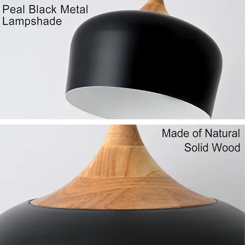 Miniatura 3 de Lámpara colgante industrial negra de 11.8 pulgadas, iluminación colgante de techo ajustable de madera con pantalla de metal en forma de cúpula
