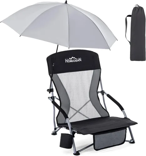 Homcosan Silla de playa portátil baja plegable con paraguas desmontable, silla de campamento ligera para adultos con portavasos y bolsillo de