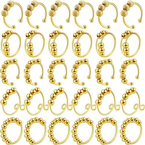 Miniatura 7 de Yinkin 30 anillos para ansiedad para mujeres, de acero inoxidable, ajustable, con cuentas, para hombres y adultos, alivio del estrés (plateado)