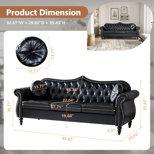 Miniatura 2 de AVZEAR 82" Sofá de tres plazas de cuero, sofá Chesterfield, sofá tapizado en PU de estilo moderno de mediados de siglo, sofá de sala de estar