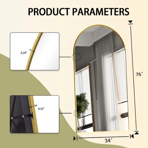 Miniatura 4 de BEAUTYPEAK Espejo de Arco de Cuerpo Entero, 76"x34" Espejos de Pared, Espejo de Piso de Cuerpo Completo Extragrande, Marco de Aleación de Aluminio