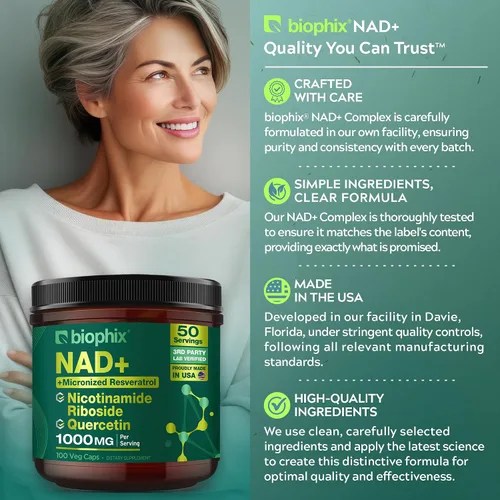 Miniatura 3 de biophix Suplemento liposomal NAD+ para mujeres y hombres, 1000 mg por porción, ribósido de nicotinamida, resveratrol micronizado y complejo