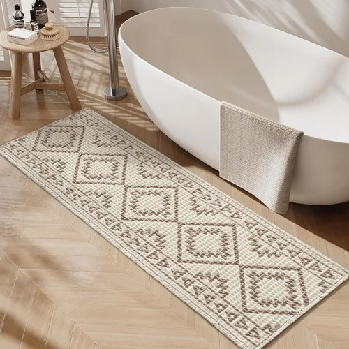 Miniatura 11 de PADOOR -Tapete de baño de punto gofre, súper absorbente, lavable a máquina, antideslizante, con borlas, tapete de baño suave para lavandería, Marrón