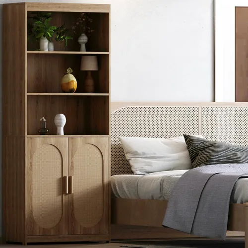 Miniatura 7 de SSLine Gabinete bohemio de ratán para oficina en casa de 71 pulgadas de alto, estantería de madera con 3 puertas decorativas de ratán y 3 estantes
