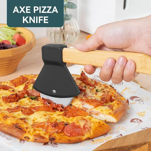 Miniatura 8 de Cortador de pizza de acero inoxidable, cortador de pizza de hacha redonda, rueda de cocina con tapa, rebanador de alimentos de mano para el hogar