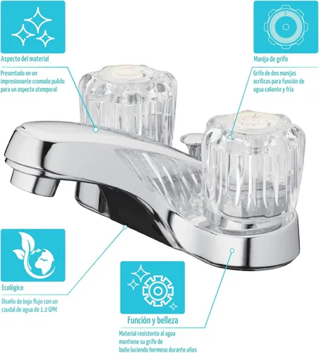 Miniatura 6 de Aqua Vista 10-B421-AV Grifo de lavabo de baño de dos manijas, cromo pulido con pomos redondos de acrílico Cromo pulido con pomos redondos acrílicos