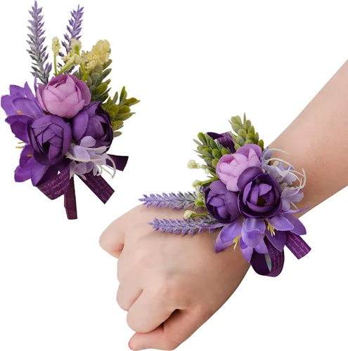 Miniatura 11 de 6 piezas de flores artificiales para boda, ramillete de simulación de rosas pequeñas moradas, accesorios de flores artificiales para novia, novio